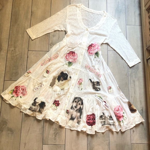 Custom puppy kitten rose patchwork long sleeve lace babydoll dress. Size M - Picture 2 of 8